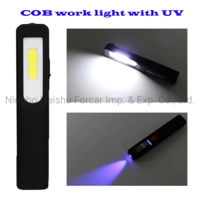 Lámpara de trabajo COB recargable por USB con UV395 Proyector de trabajo portátil de inspección de automóvil con clip Luz de trabajo LED de emergencia para acampar y cazar Indicador de encendido